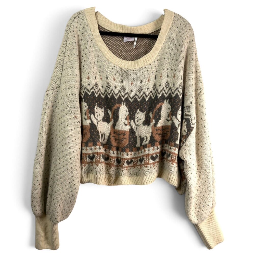 out from under cat basket fair isle cropped oversized sweater cream brown xlarge